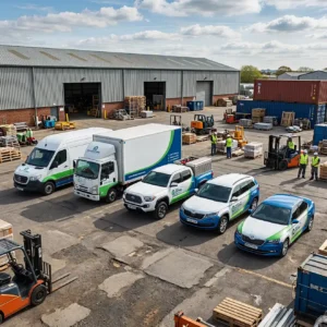 Fahrzeugprüfung nach DGUV/UVV Betriebliche Fahrzeuge in verschiedenen Größen auf Arbeitsgelände