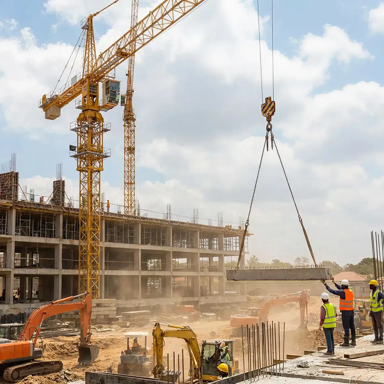 Kranprüfung nach DGUV/UVV Ein Kran hebt schwere Balkon auf einer staubigen Baustelle