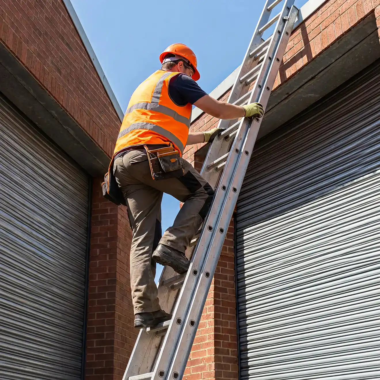Leitern & Tritte Prüfungen nach DGUV/UVV Ein Handwerker klettert eine Leiter hoch